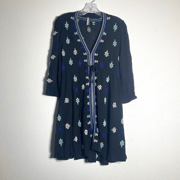 Free People‎ Dress Women XS Blue Embroidered Long Sleeve Tassels V-Neck Boho - Picture 1 of 12